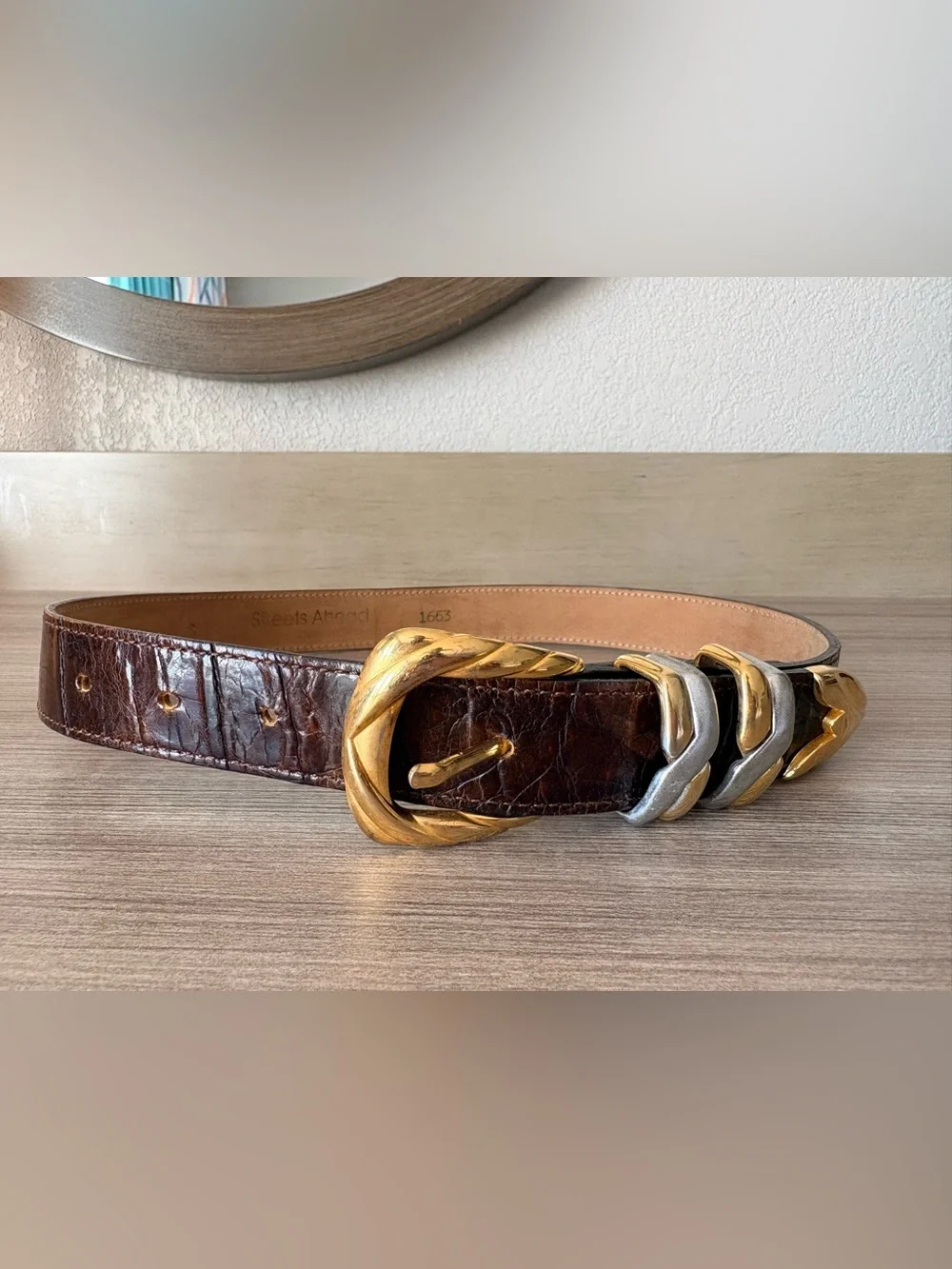 VTG Streets Ahead Brown Leather Croc Silver Gold Metal buckle Belt Size S